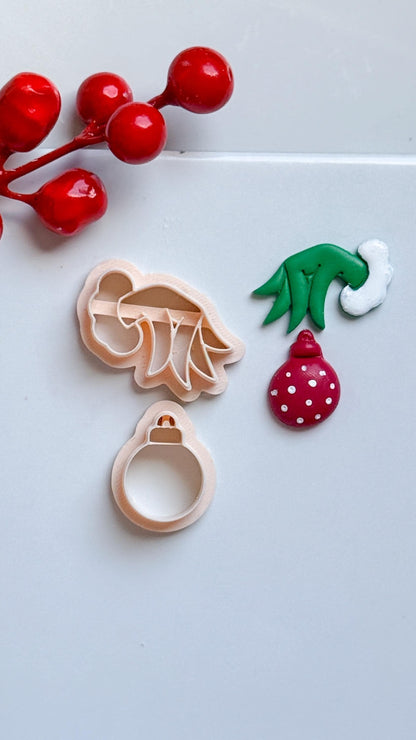 Grinch Hand with Ornament Clay Cutter: Christmas Earring Cutter for Polymer Clay