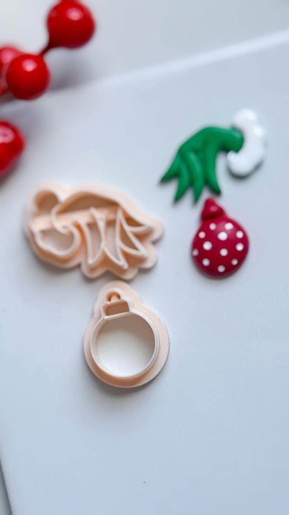 Grinch Hand with Ornament Clay Cutter: Christmas Earring Cutter for Polymer Clay