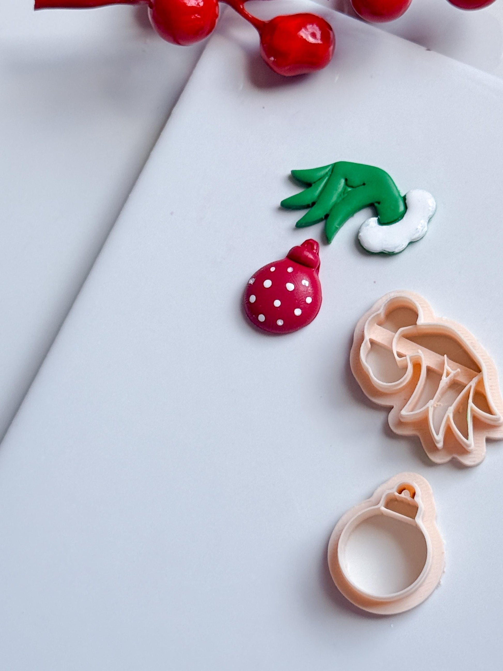 Grinch Hand with Ornament Clay Cutter: Christmas Earring Cutter for Polymer Clay