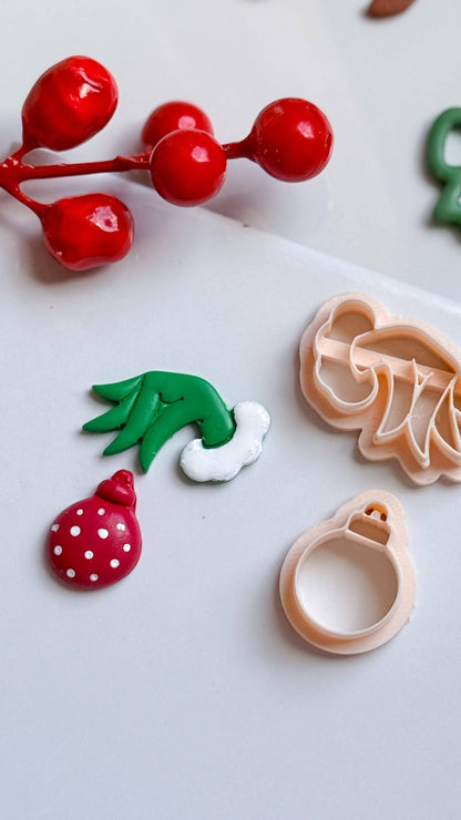 Grinch Hand with Ornament Clay Cutter: Christmas Earring Cutter for Polymer Clay