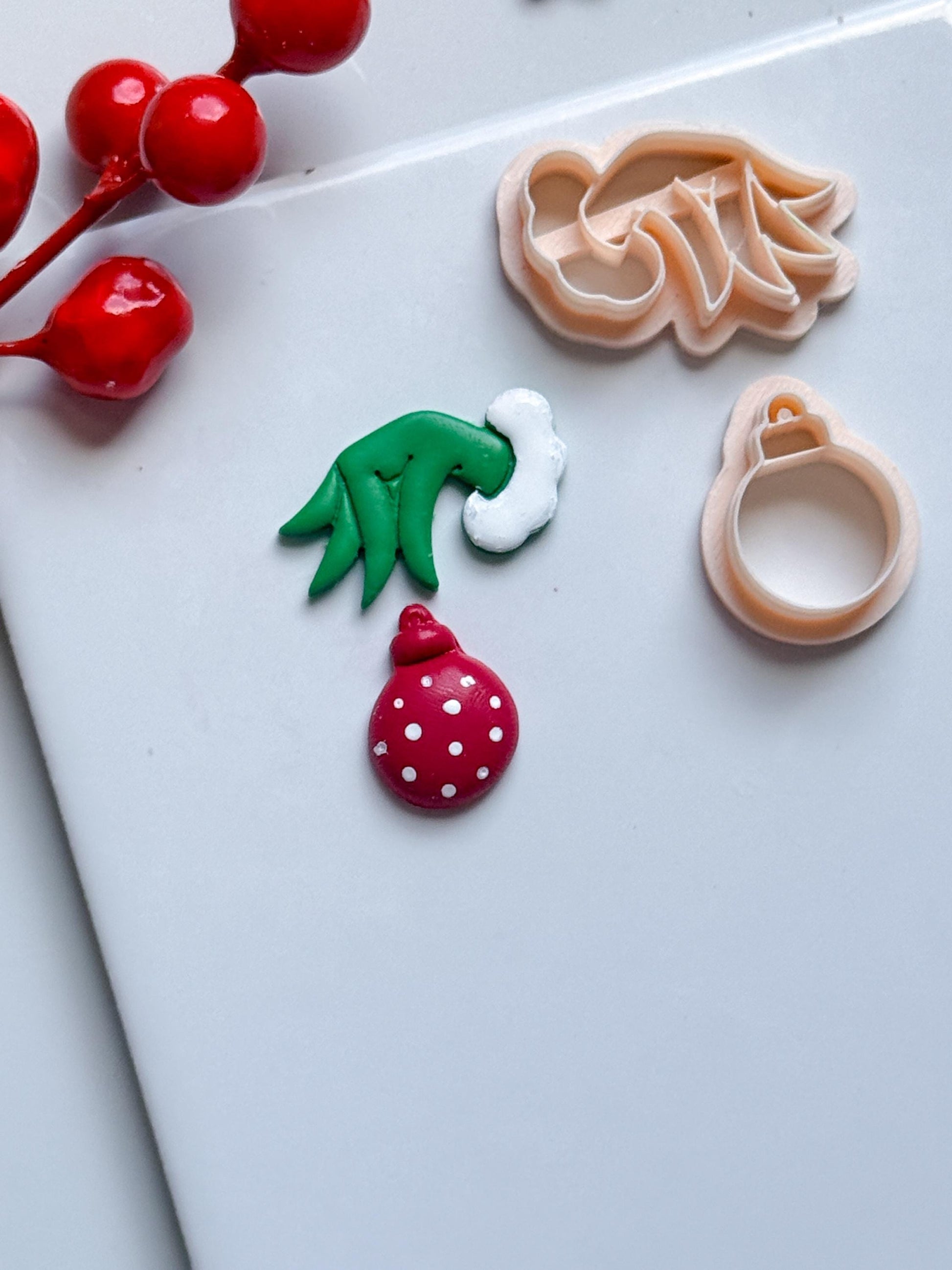 Grinch Hand with Ornament Clay Cutter: Christmas Earring Cutter for Polymer Clay
