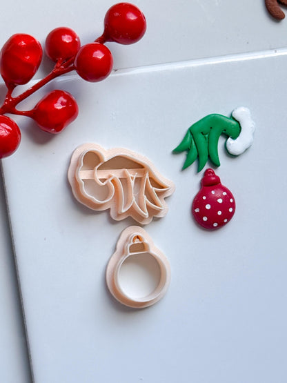 Grinch Hand with Ornament Clay Cutter: Christmas Earring Cutter for Polymer Clay