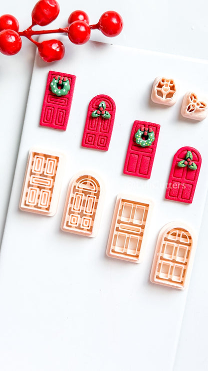 Christmas Door Clay Cutter Set – 4 Festive Door Shapes + Wreath & Holly Toppers