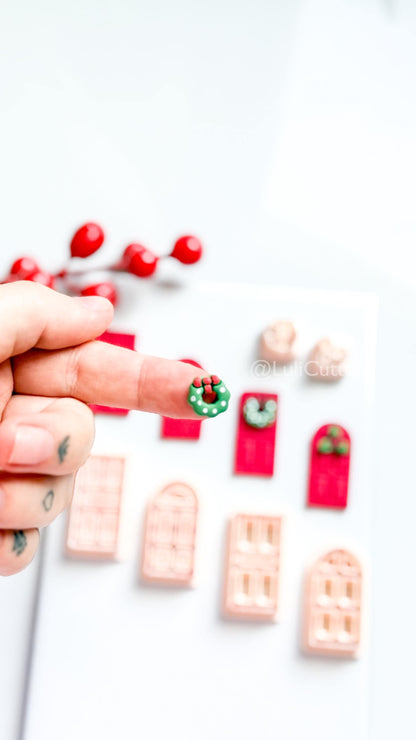 Christmas Door Clay Cutter Set – 4 Festive Door Shapes + Wreath & Holly Toppers