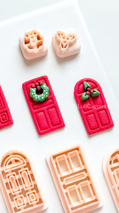 Christmas Door Clay Cutter Set – 4 Festive Door Shapes + Wreath & Holly Toppers