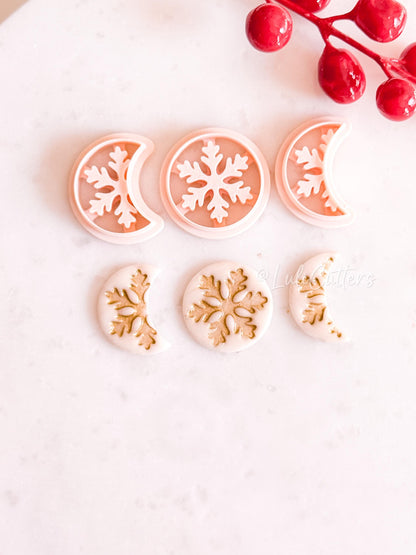Crescent & Full Moon Snowflake Cutter – Winter Polymer Clay Tools for Earrings and Charms