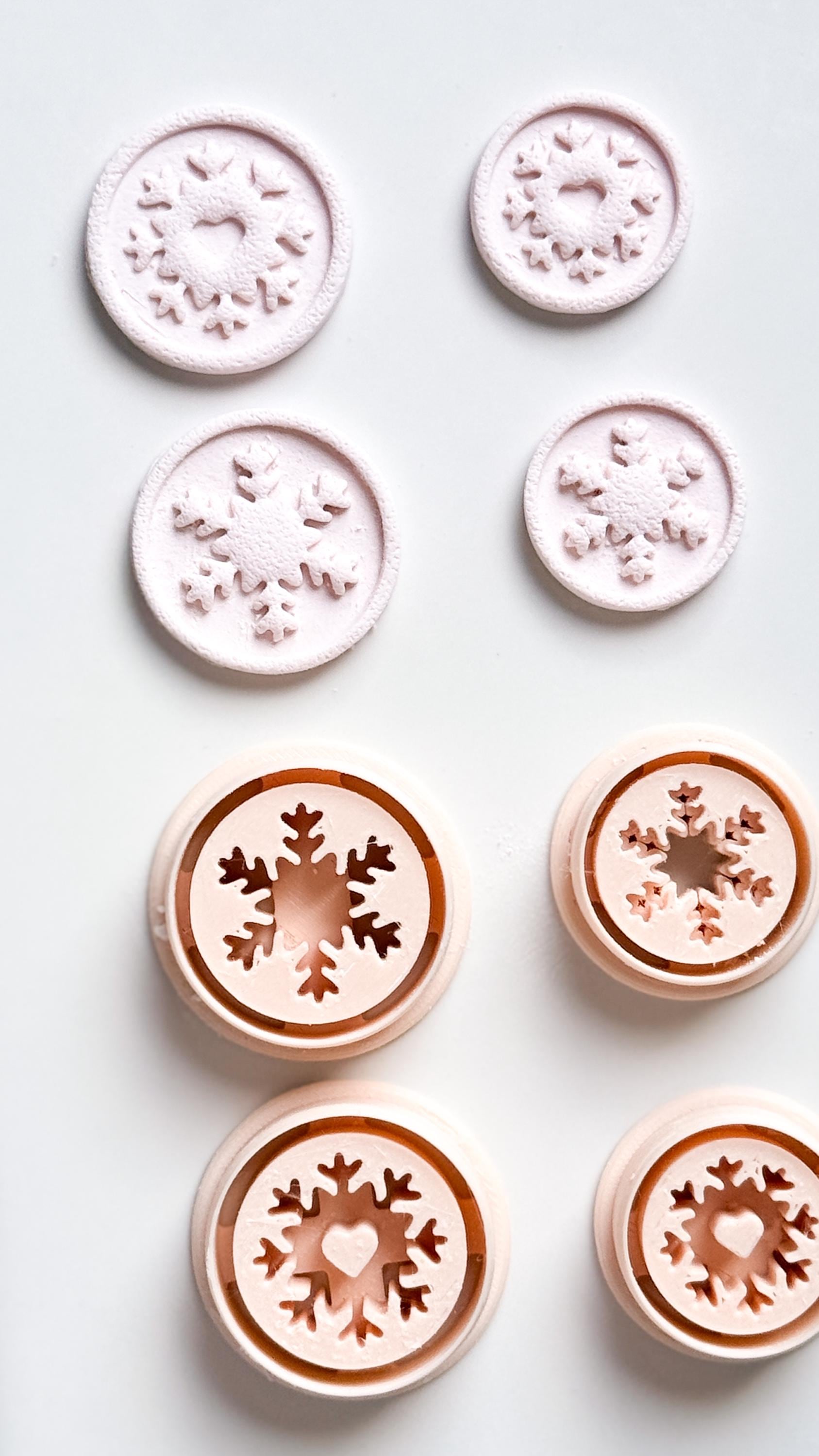 Heart & Star Snowflake Emboss Clay Cutter Set: Round Winter Seal Polymer Clay Tools