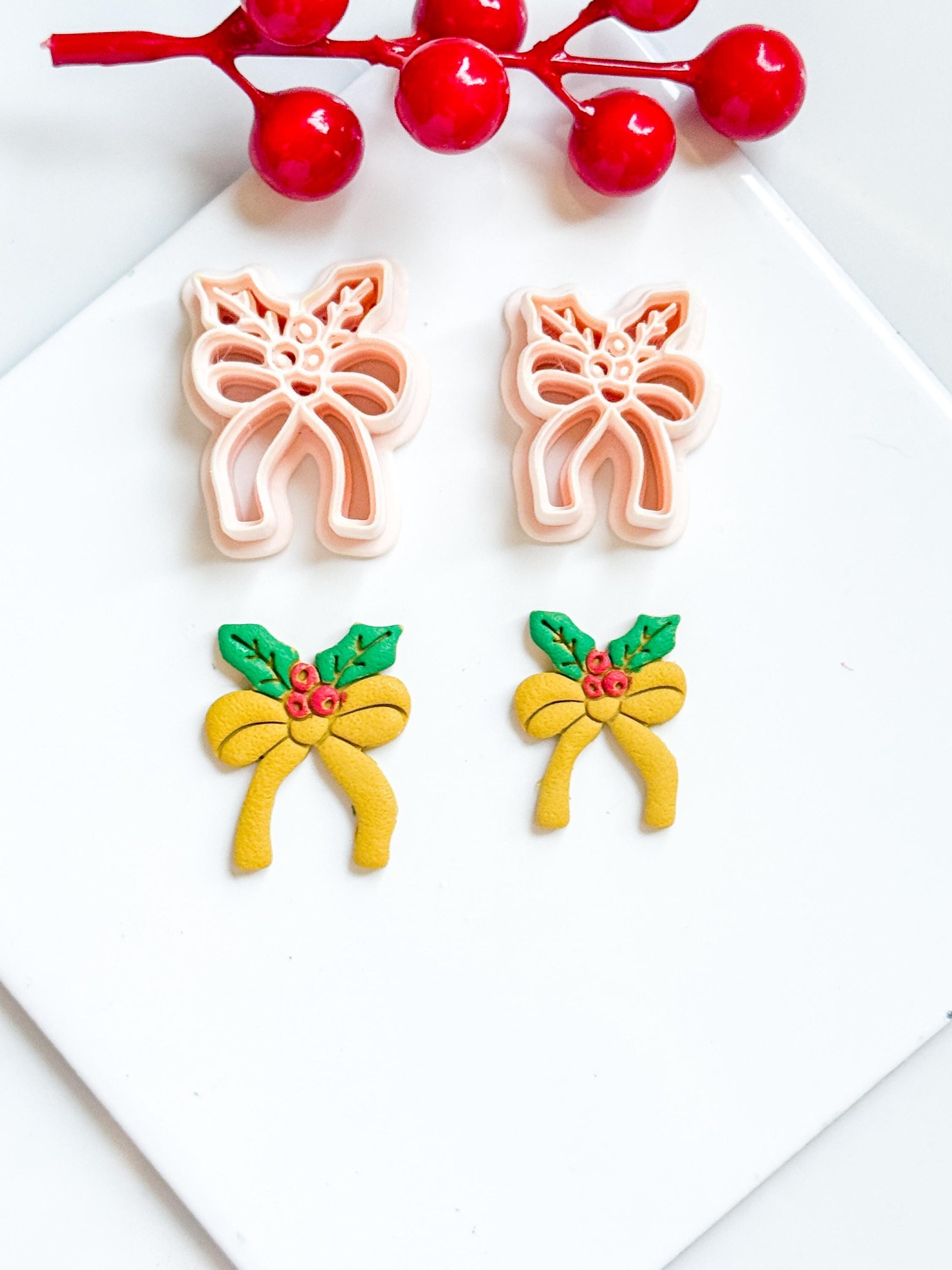 Christmas Bow with Holly Clay Cutter – Holiday Ribbon Polymer Clay Earring & Charm Tool