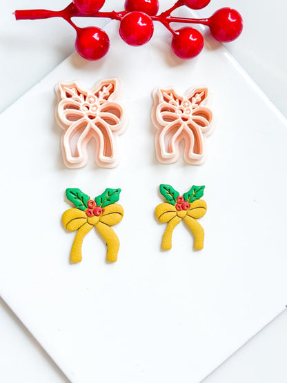 Christmas Bow with Holly Clay Cutter – Holiday Ribbon Polymer Clay Earring & Charm Tool
