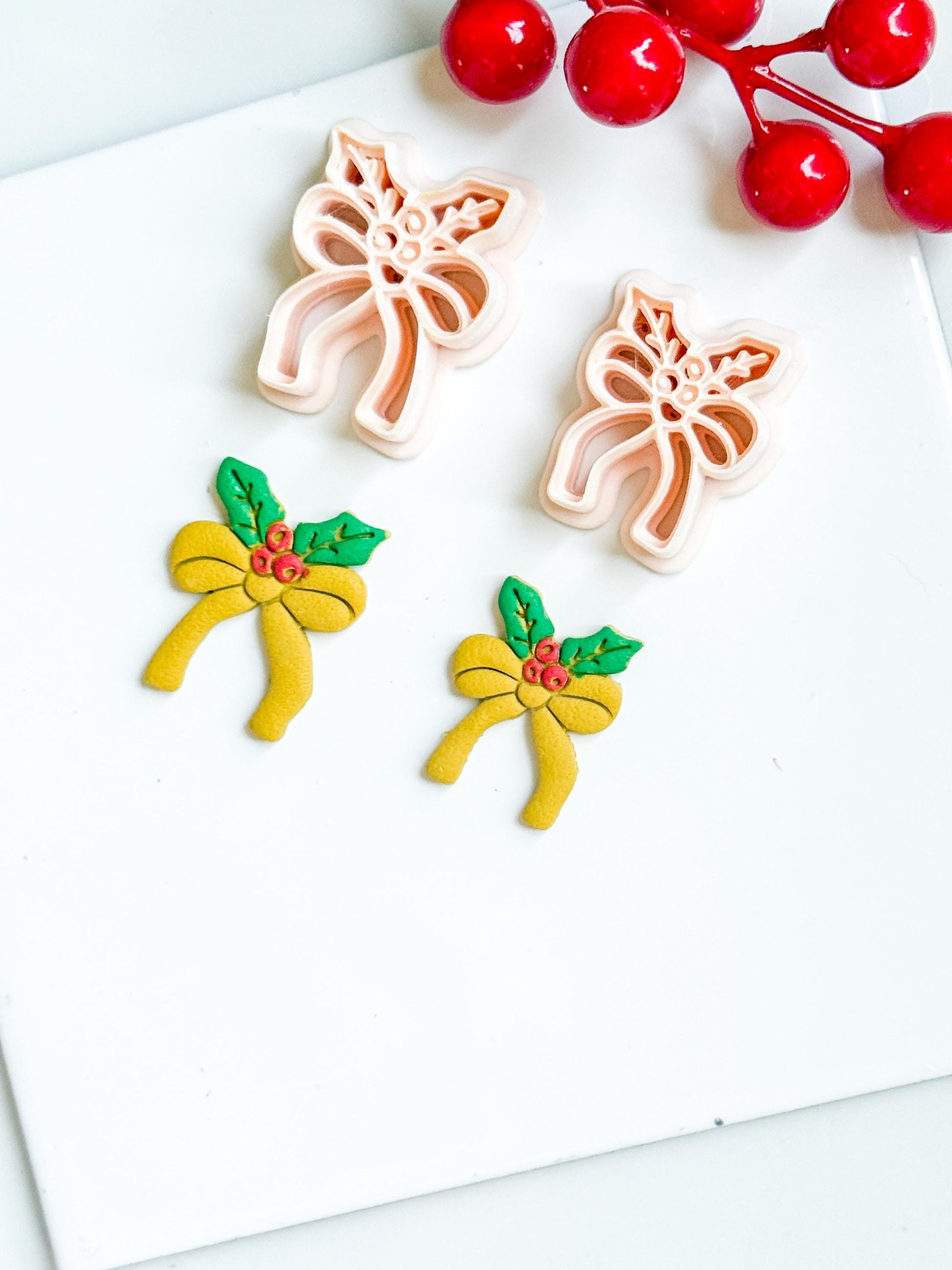 Christmas Bow with Holly Clay Cutter – Holiday Ribbon Polymer Clay Earring & Charm Tool