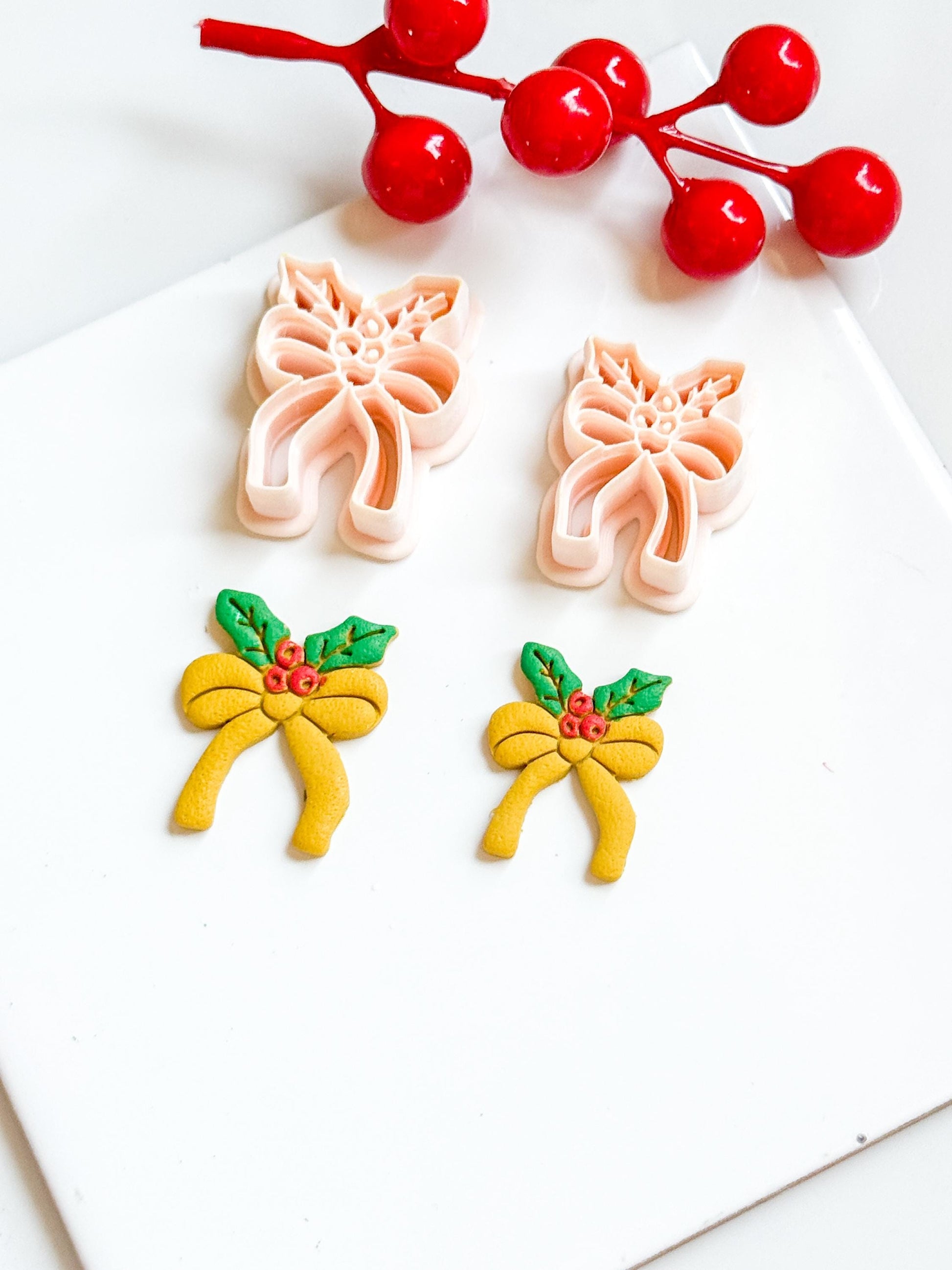 Christmas Bow with Holly Clay Cutter – Holiday Ribbon Polymer Clay Earring & Charm Tool