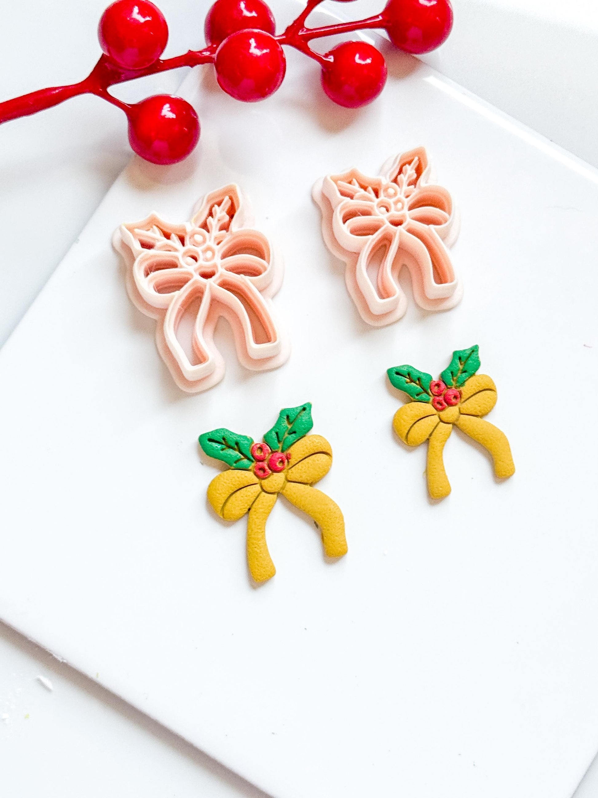 Christmas Bow with Holly Clay Cutter – Holiday Ribbon Polymer Clay Earring & Charm Tool