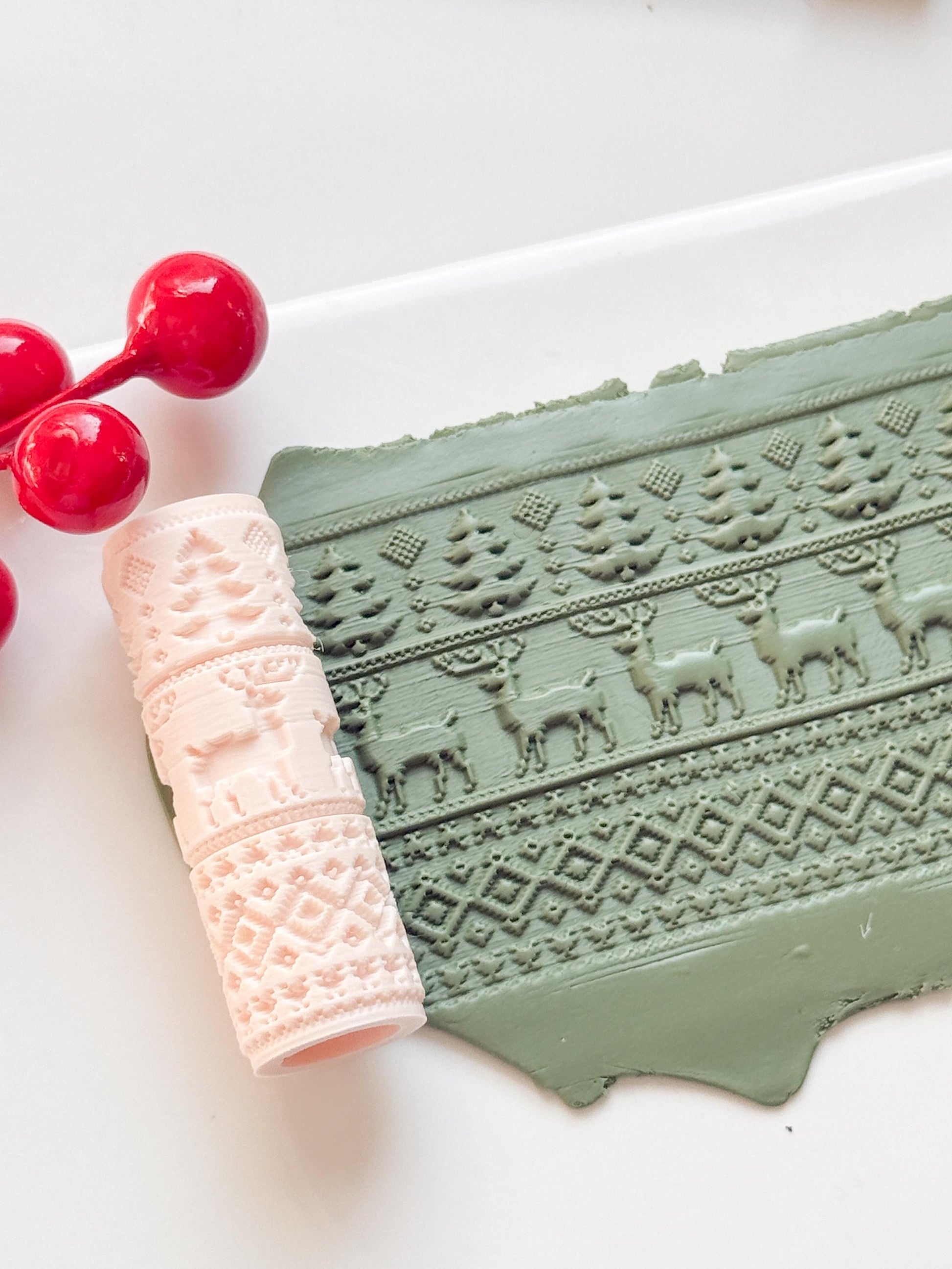 Christmas Sweater Embossing Roller – Reindeer and Tree Pattern Polymer Clay Tool