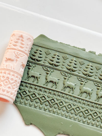 Christmas Sweater Embossing Roller – Reindeer and Tree Pattern Polymer Clay Tool