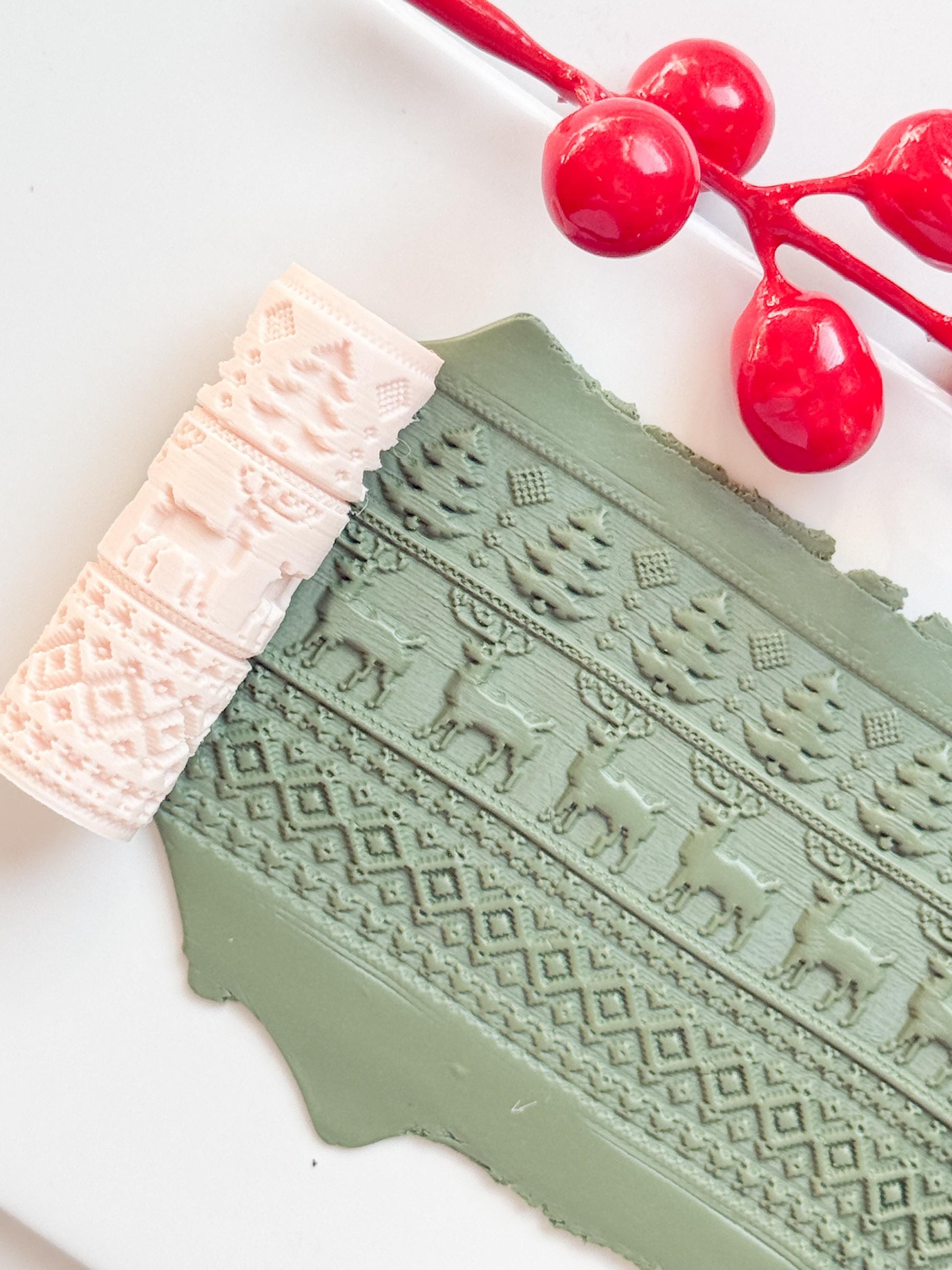 Christmas Sweater Embossing Roller – Reindeer and Tree Pattern Polymer Clay Tool