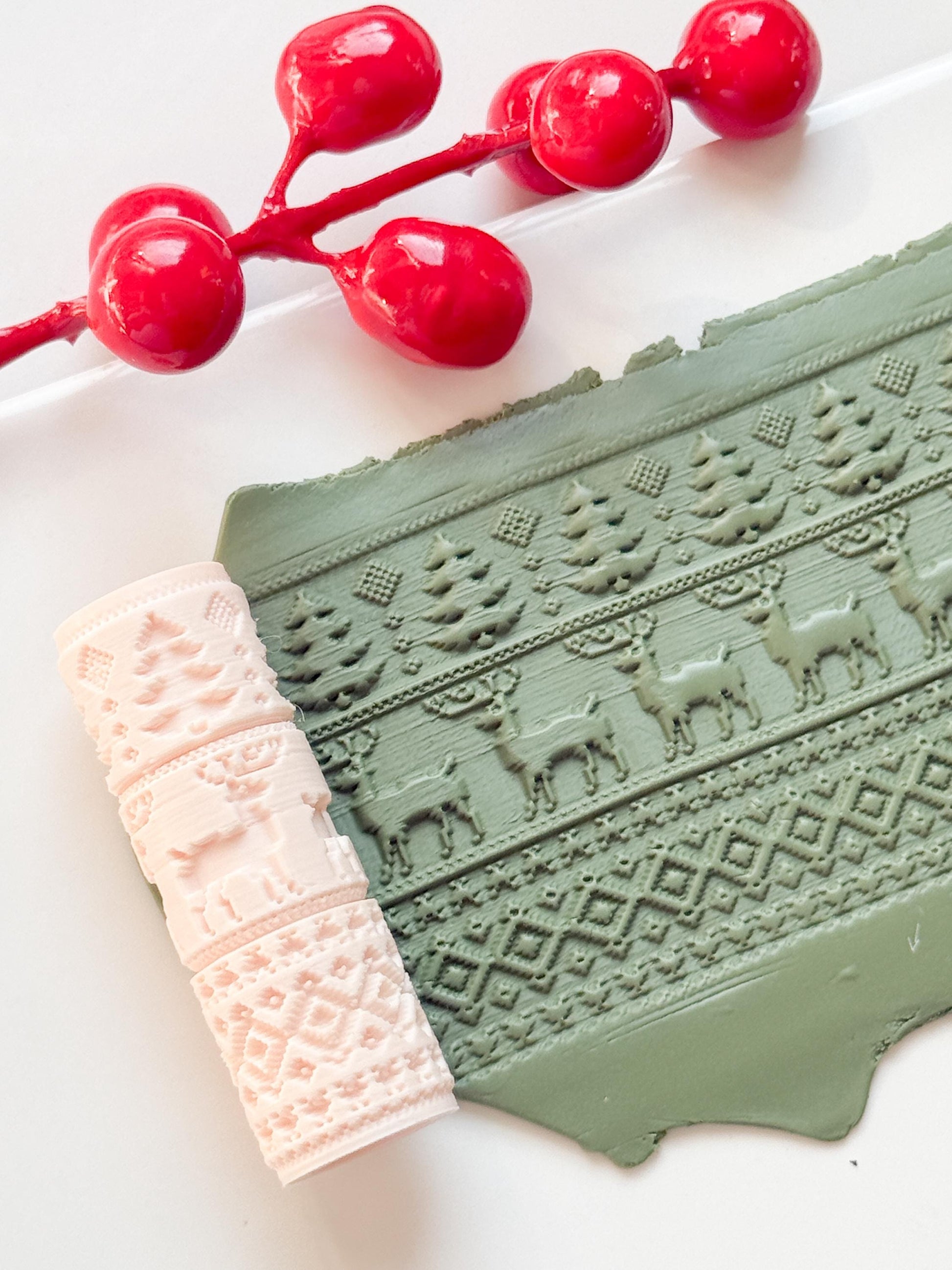 Christmas Sweater Embossing Roller – Reindeer and Tree Pattern Polymer Clay Tool