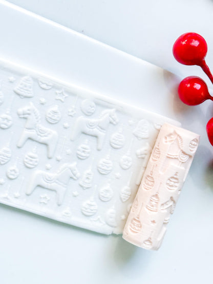 Dala Horse Emboss Roller for Polymer Clay – Scandinavian Christmas Texture Rolling Pin