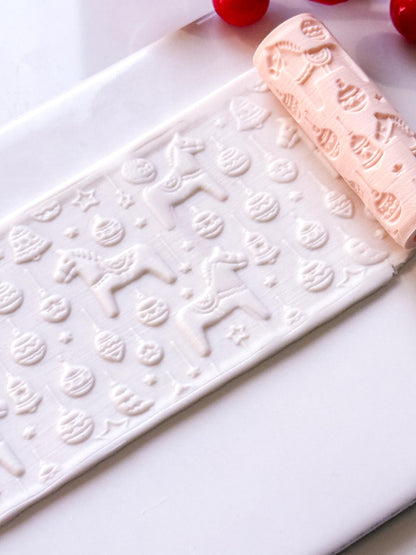 Dala Horse Emboss Roller for Polymer Clay – Scandinavian Christmas Texture Rolling Pin