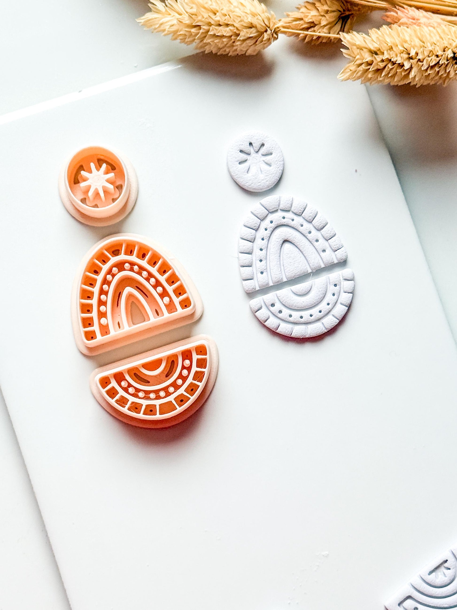 Boho Rainbow Clay Cutter Set: Sunburst and Teardrop Embossed Polymer Clay Tool