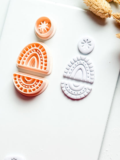 Boho Rainbow Clay Cutter Set: Sunburst and Teardrop Embossed Polymer Clay Tool