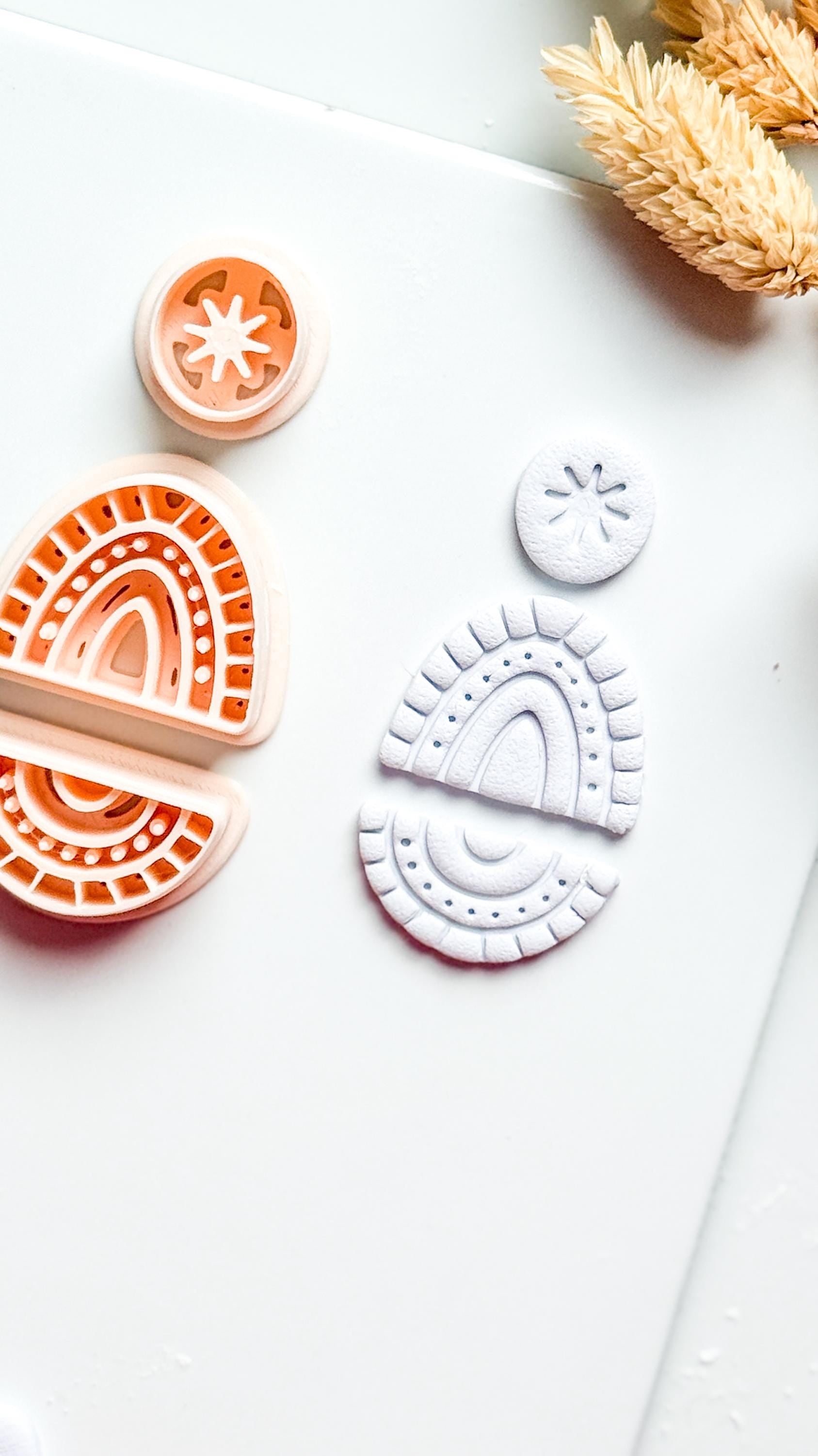 Boho Rainbow Clay Cutter Set: Sunburst and Teardrop Embossed Polymer Clay Tool