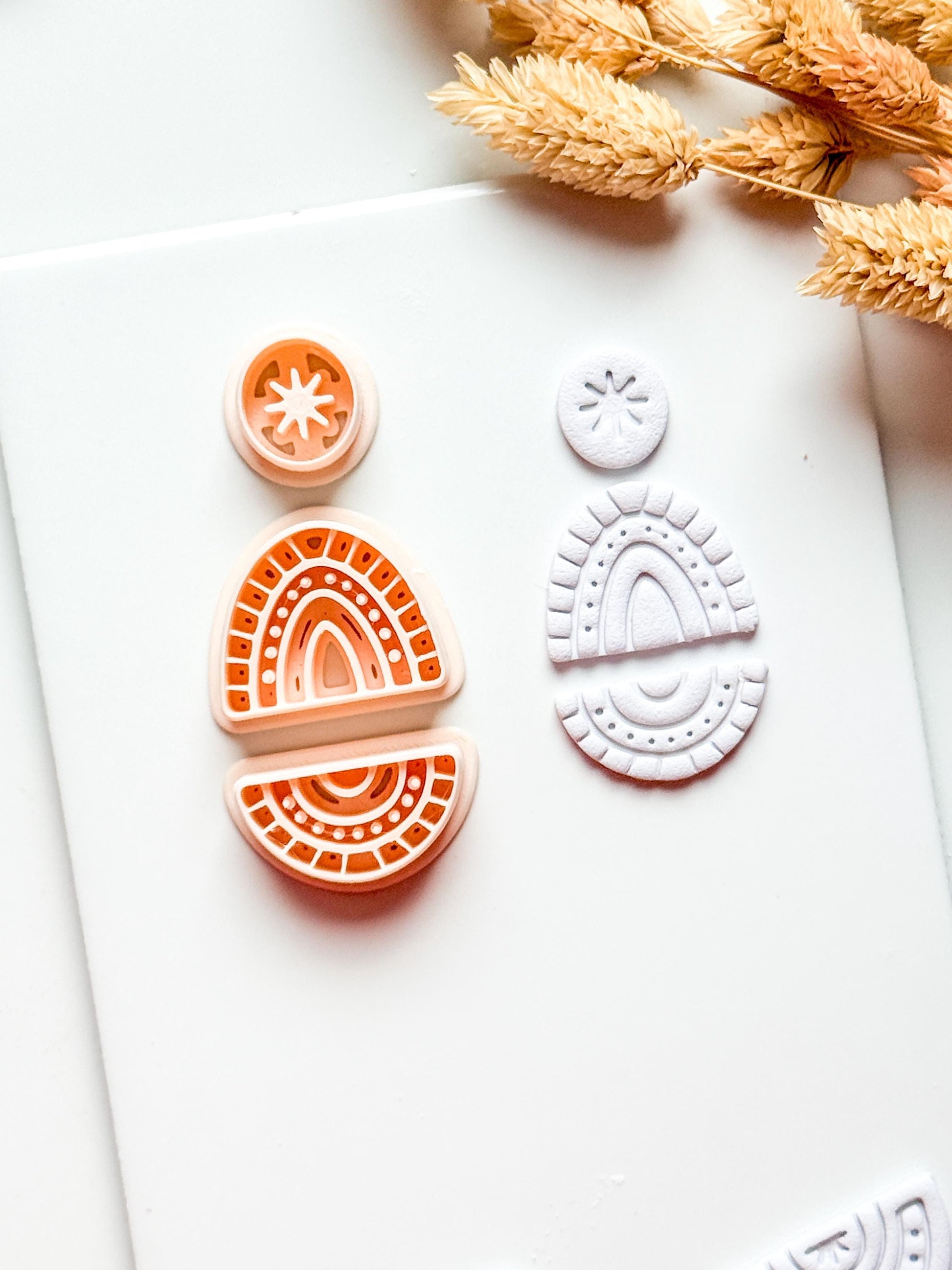 Boho Rainbow Clay Cutter Set: Sunburst and Teardrop Embossed Polymer Clay Tool