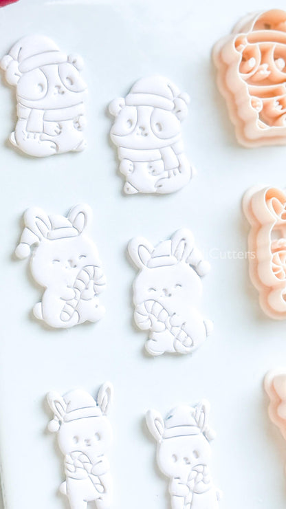 Christmas Bunny & Hamster Clay Cutter Set – Holiday Animals with Candy Cane Polymer Clay Tools