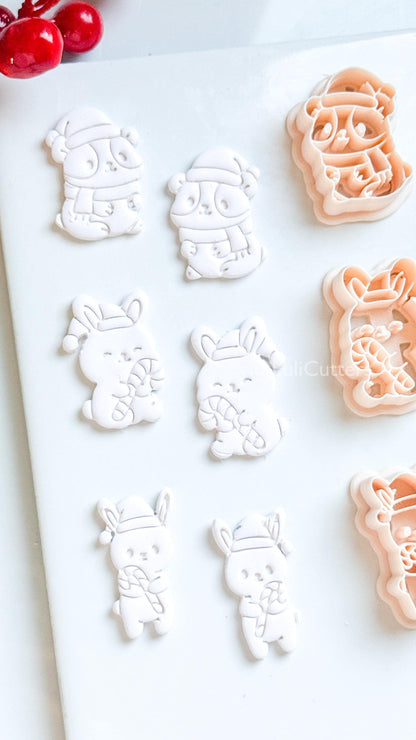Christmas Bunny & Hamster Clay Cutter Set – Holiday Animals with Candy Cane Polymer Clay Tools