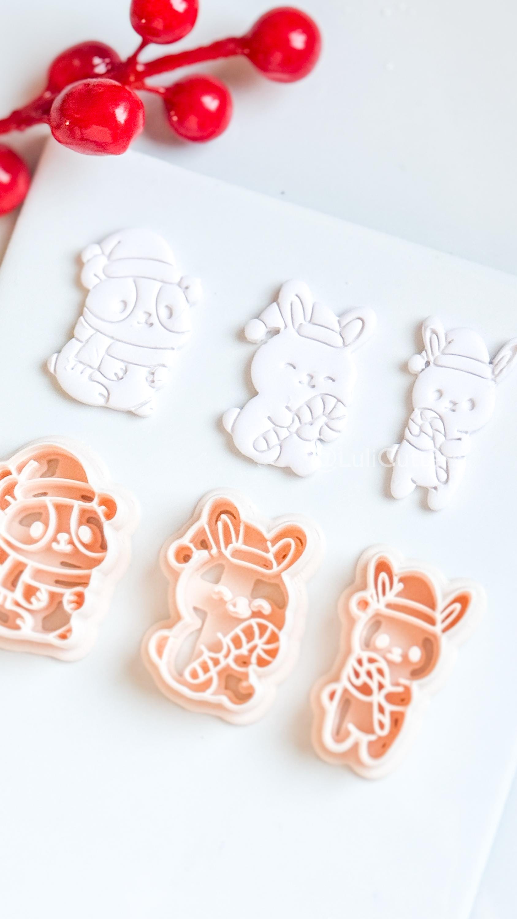 Christmas Bunny & Hamster Clay Cutter Set – Holiday Animals with Candy Cane Polymer Clay Tools