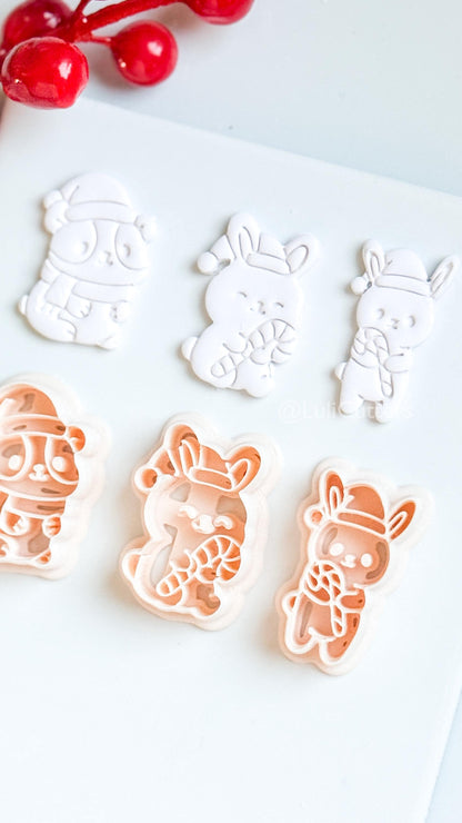 Christmas Bunny & Hamster Clay Cutter Set – Holiday Animals with Candy Cane Polymer Clay Tools