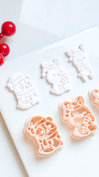 Christmas Bunny & Hamster Clay Cutter Set – Holiday Animals with Candy Cane Polymer Clay Tools