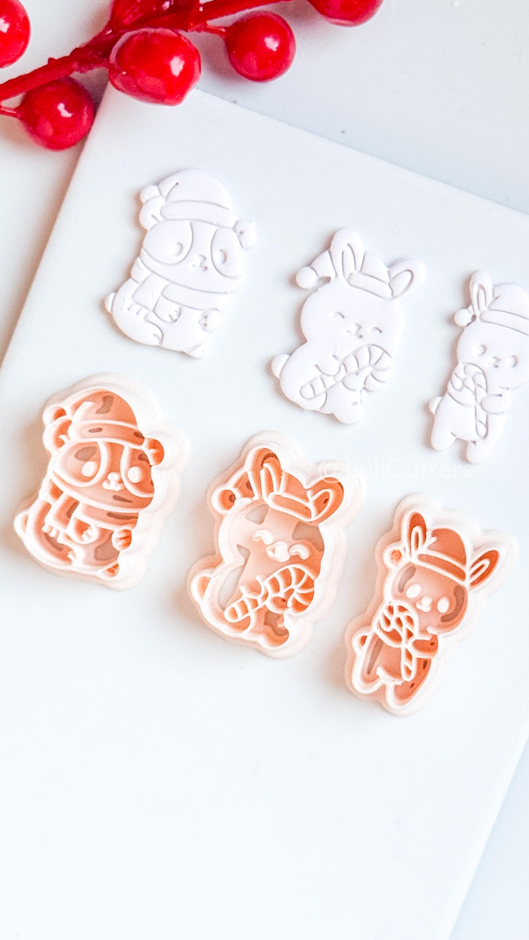 Christmas Bunny & Hamster Clay Cutter Set – Holiday Animals with Candy Cane Polymer Clay Tools