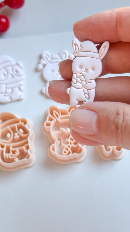 Christmas Bunny & Hamster Clay Cutter Set – Holiday Animals with Candy Cane Polymer Clay Tools
