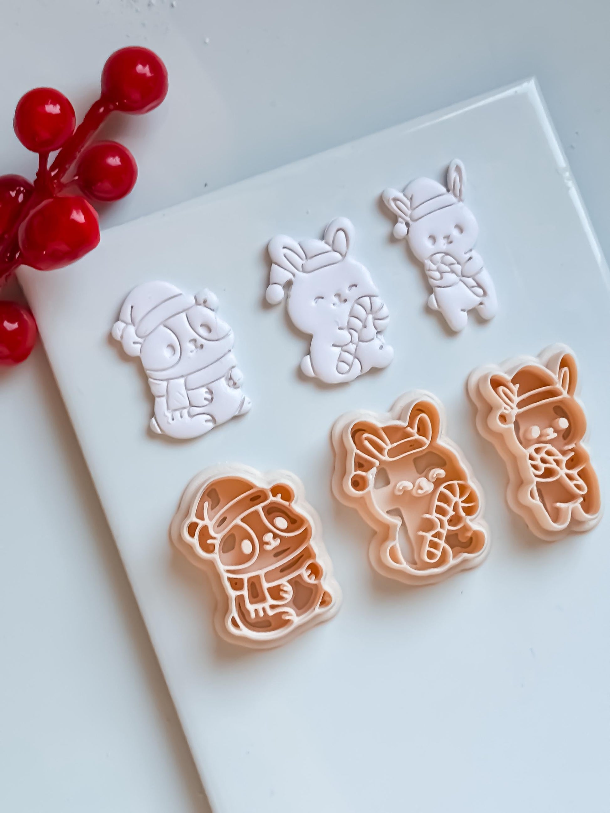 Christmas Bunny & Hamster Clay Cutter Set – Holiday Animals with Candy Cane Polymer Clay Tools
