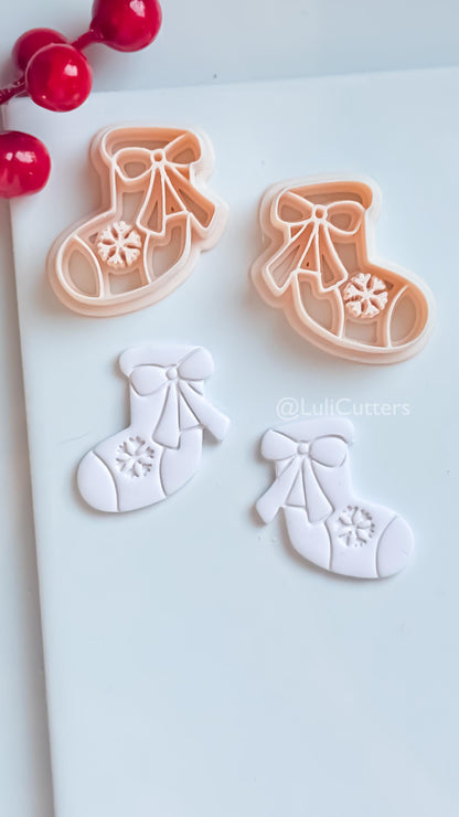 Christmas Stocking Clay Earring Cutter – Bow and Snowflake Holiday Polymer Clay Shape