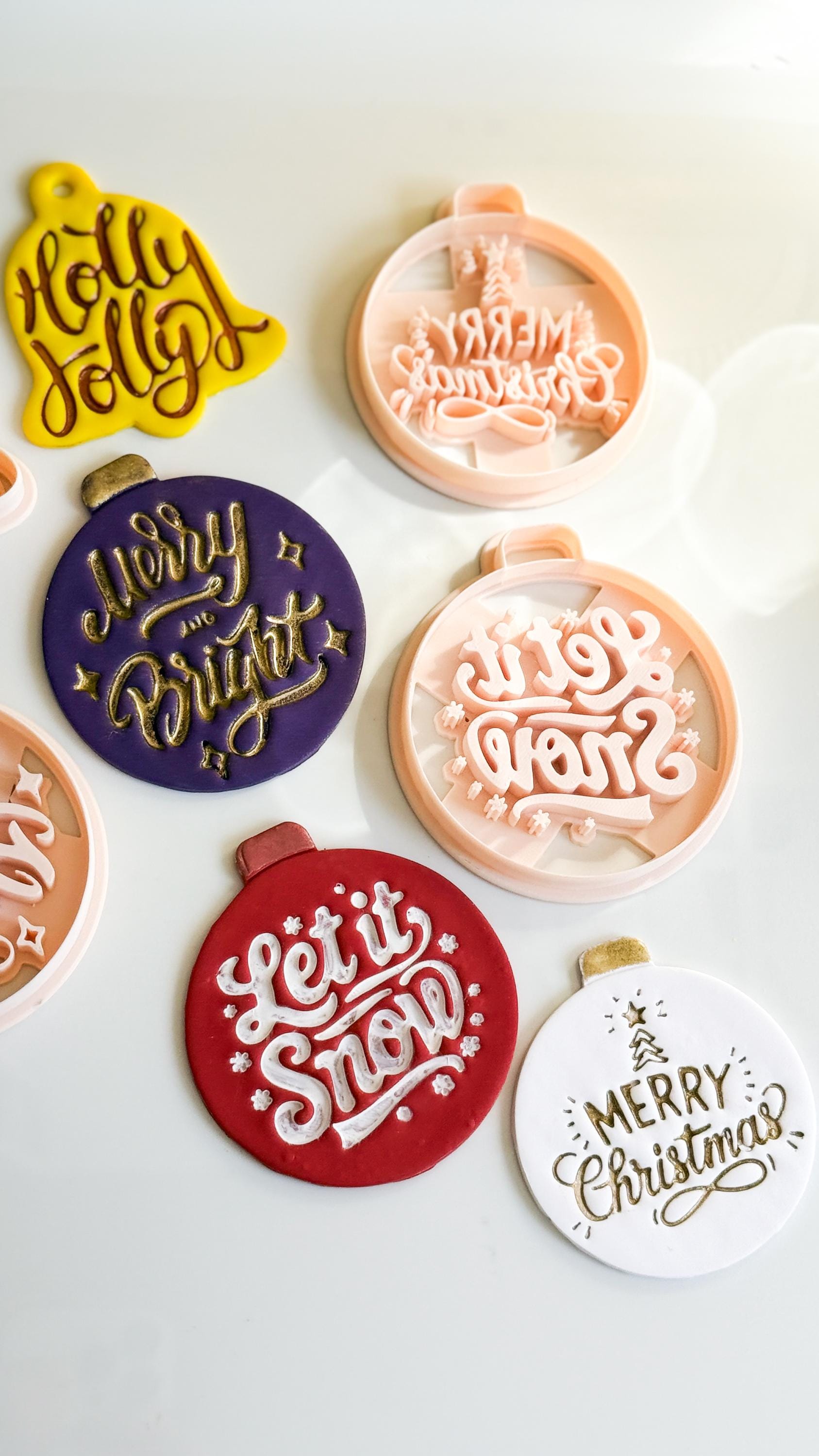 Christmas Ornament & Bell Polymer Clay Cutter Set – Engraved Holiday Phrases