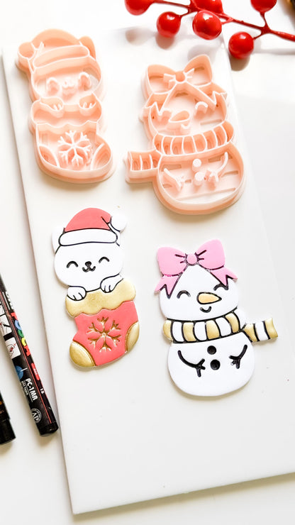 Cat in Stocking & Snowgirl Holiday Ornament Clay Cutter Set: Christmas Designs - Christmas tree decoration