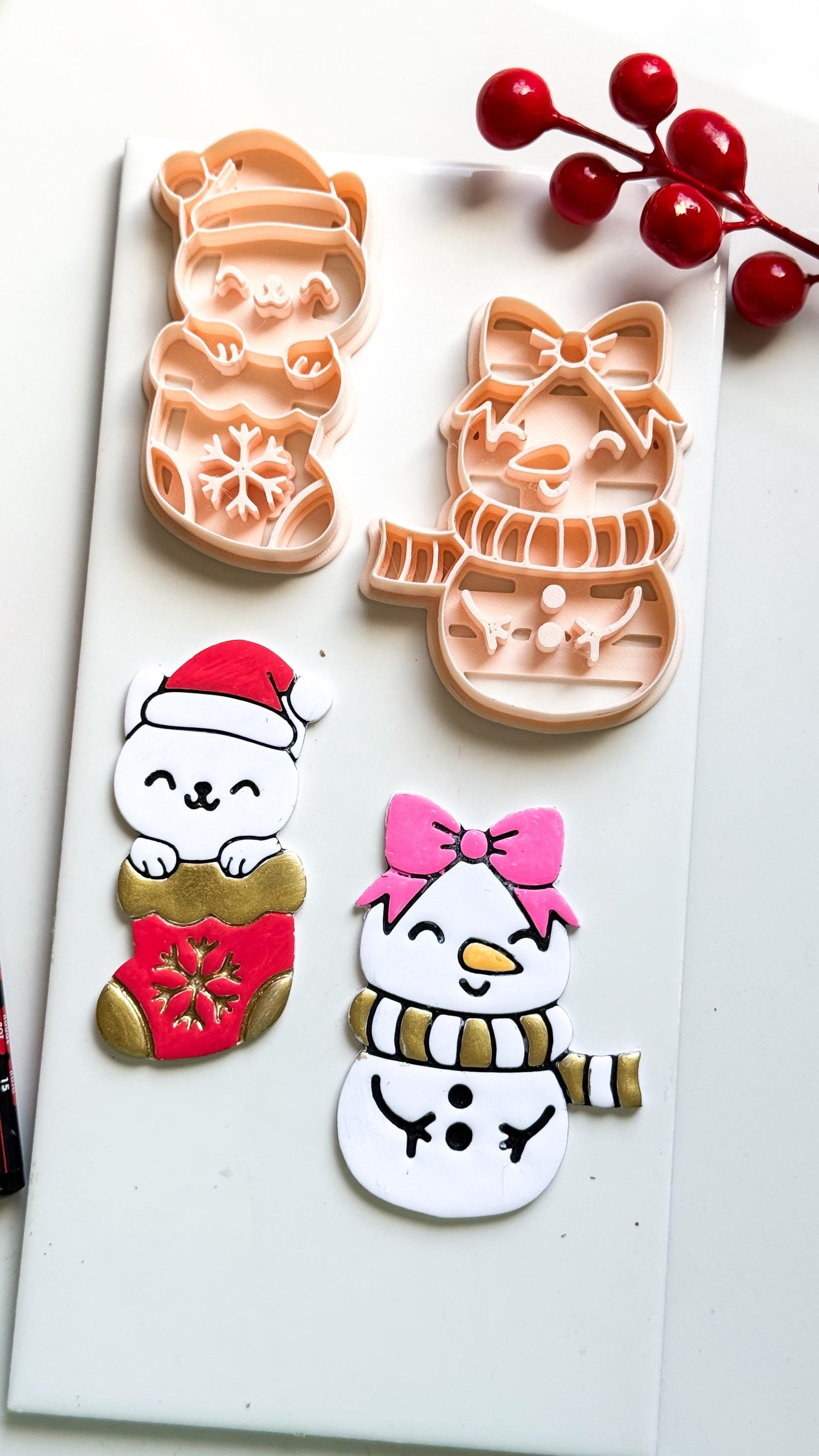 Cat in Stocking & Snowgirl Holiday Ornament Clay Cutter Set: Christmas Designs - Christmas tree decoration