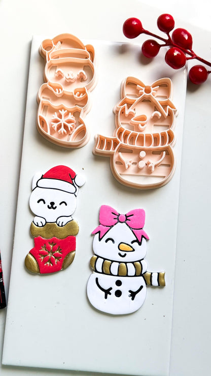 Cat in Stocking & Snowgirl Holiday Ornament Clay Cutter Set: Christmas Designs - Christmas tree decoration
