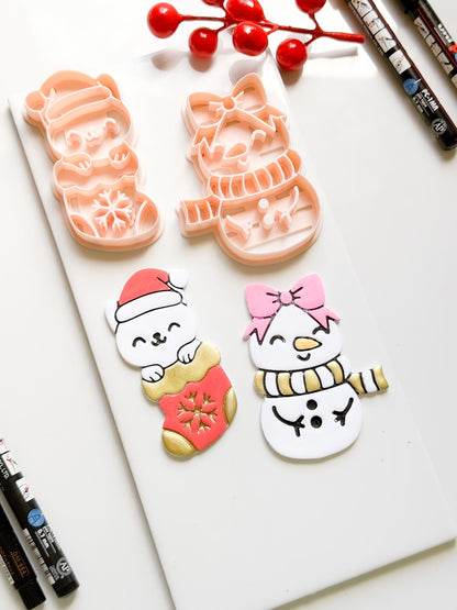 Cat in Stocking & Snowgirl Holiday Ornament Clay Cutter Set: Christmas Designs - Christmas tree decoration