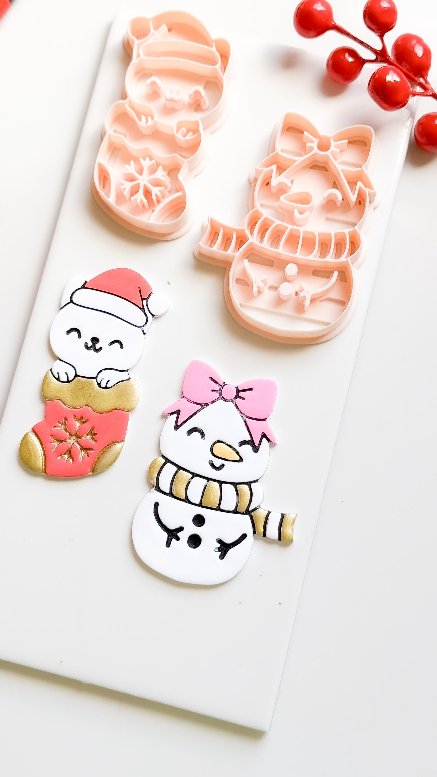 Cat in Stocking & Snowgirl Holiday Ornament Clay Cutter Set: Christmas Designs - Christmas tree decoration