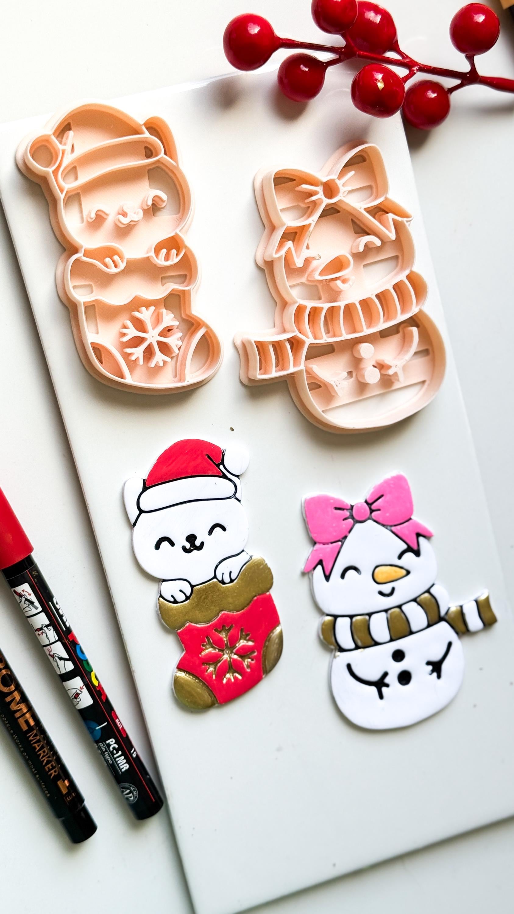 Cat in Stocking & Snowgirl Holiday Ornament Clay Cutter Set: Christmas Designs - Christmas tree decoration