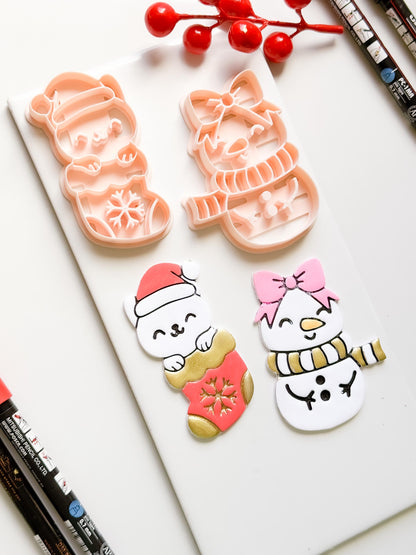 Cat in Stocking & Snowgirl Holiday Ornament Clay Cutter Set: Christmas Designs - Christmas tree decoration