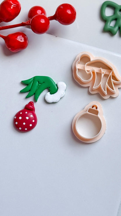 Grinch Hand with Ornament Clay Cutter: Christmas Earring Cutter for Polymer Clay