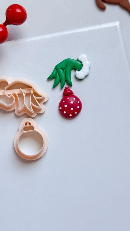 Grinch Hand with Ornament Clay Cutter: Christmas Earring Cutter for Polymer Clay