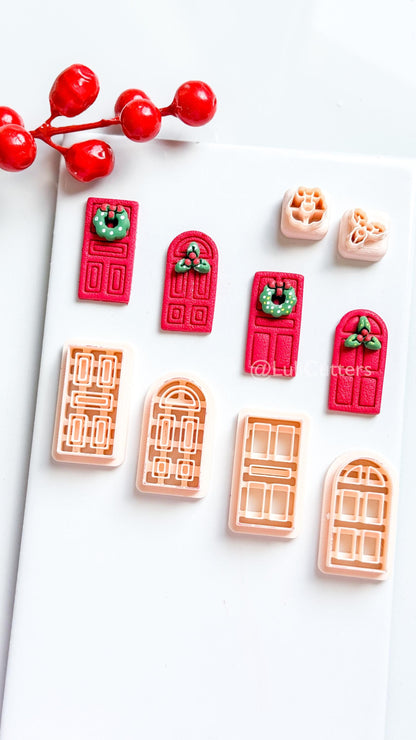Christmas Door Clay Cutter Set – 4 Festive Door Shapes + Wreath & Holly Toppers
