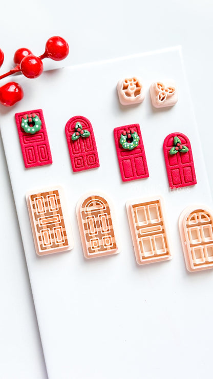 Christmas Door Clay Cutter Set – 4 Festive Door Shapes + Wreath & Holly Toppers