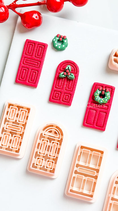 Christmas Door Clay Cutter Set – 4 Festive Door Shapes + Wreath & Holly Toppers