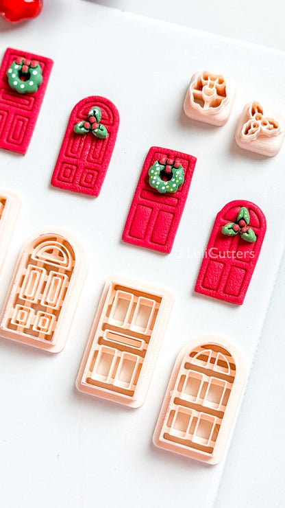 Christmas Door Clay Cutter Set – 4 Festive Door Shapes + Wreath & Holly Toppers