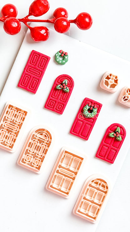 Christmas Door Clay Cutter Set – 4 Festive Door Shapes + Wreath & Holly Toppers
